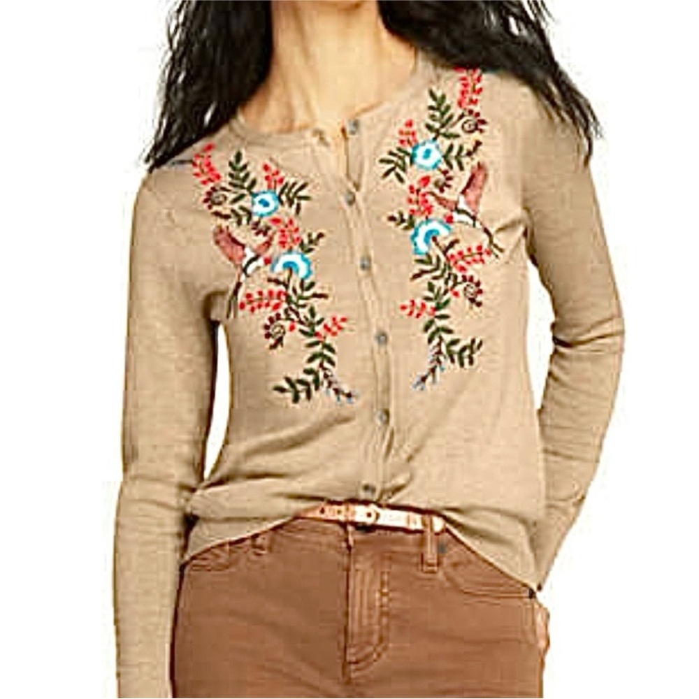 Lands' End Women's Cardigan with Embroidered Hummingbird Floral Design